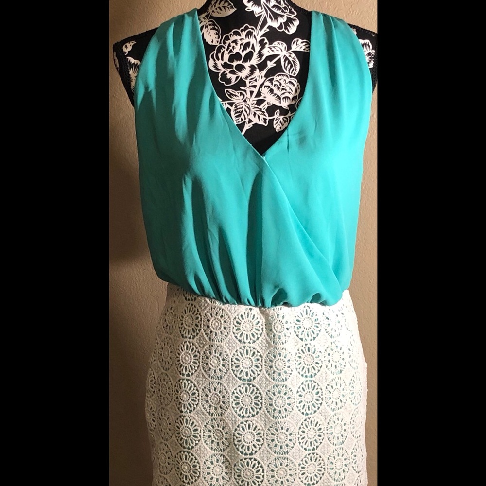 Turquoise and cream dress